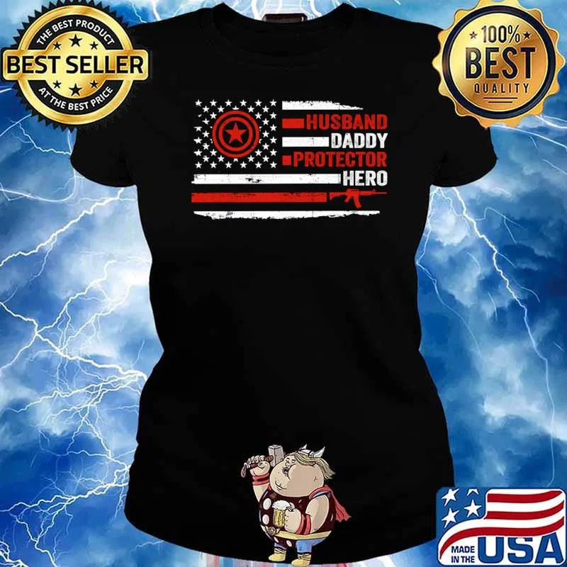 Retro Husband Daddy Protector Hero American Flag Gun Father's Day T-Shirt