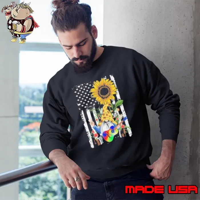 Premium sunflower Gnome Playing Guitar Hippie Gnomes American Flag s Sweatshirt