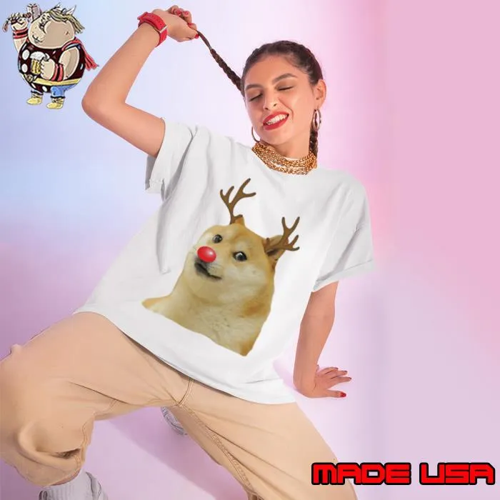 Christmas Doge Meme Doggo Holiday Season Antlers And Red Nose Short Ladies tee