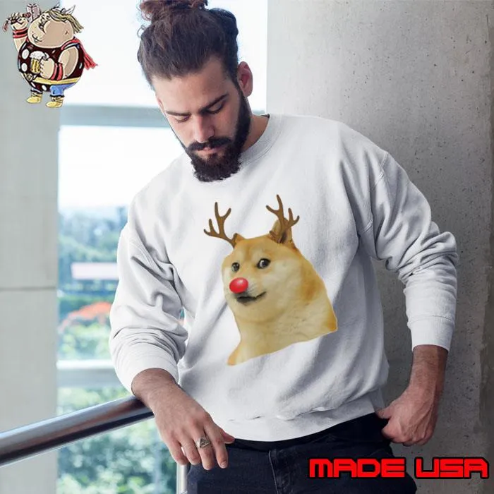Christmas Doge Meme Doggo Holiday Season Antlers And Red Nose Short Sweatshirt