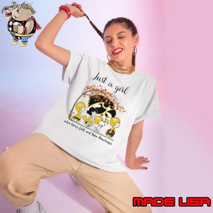 Just A Girl Who Loves Fall and Iowa Hawkeyes Peanuts Cartoon Halloween s Ladies tee