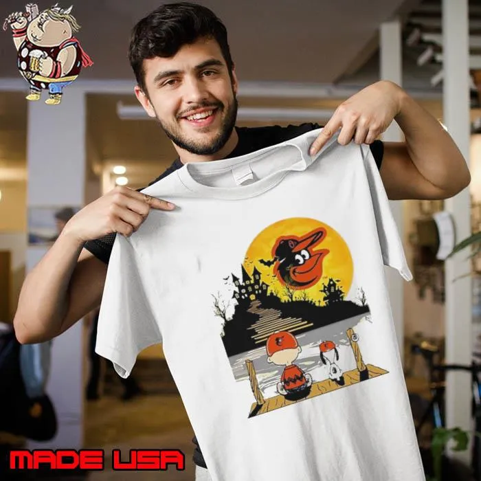 Snoopy Charlie Brown Sit Under Moon Baltimore Orioles Halloween Shirt