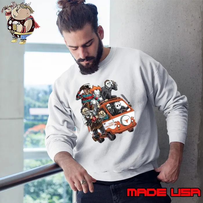 Texas Longhorns Horror Movies Characters Bus Halloween 2023 Shirt Sweatshirt