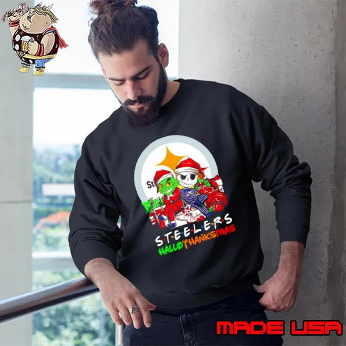 Grinch and Jack Skellington Pittsburgh Steelers HalloThankMas s Sweatshirt