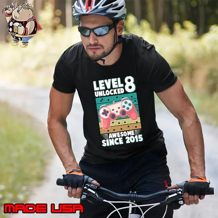 Level 8 Unlocked Awesome Since 2015 Vintage Control Video 8 Year Old Birthday T-Shirt Unisex