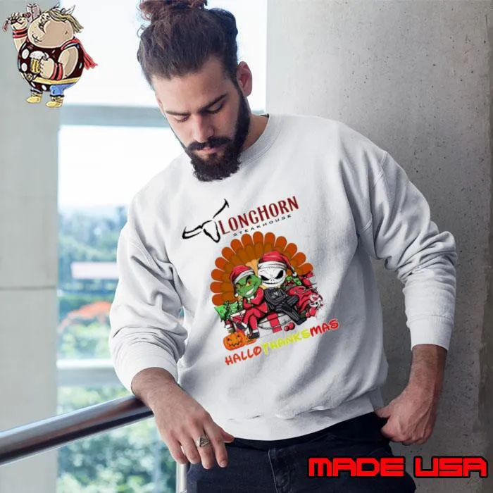 Longchorn steakhouse hallothanksmas grinch and jack skellington satan hat s Sweatshirt
