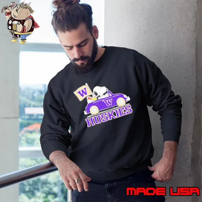 The Peanuts Snoopy and Woodstock Riding Car Washington Huskies Shirt Sweatshirt