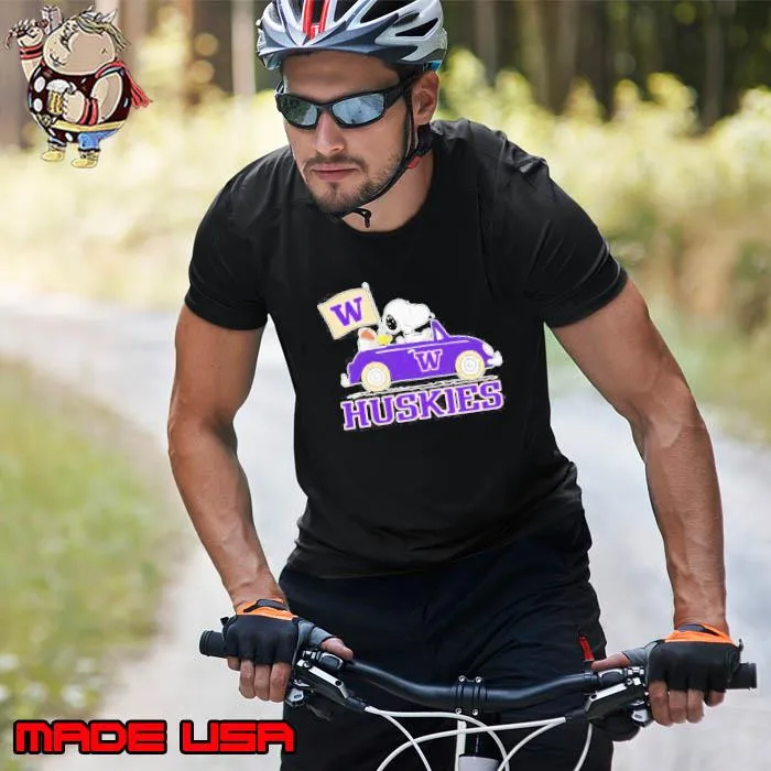 The Peanuts Snoopy and Woodstock Riding Car Washington Huskies Shirt Unisex