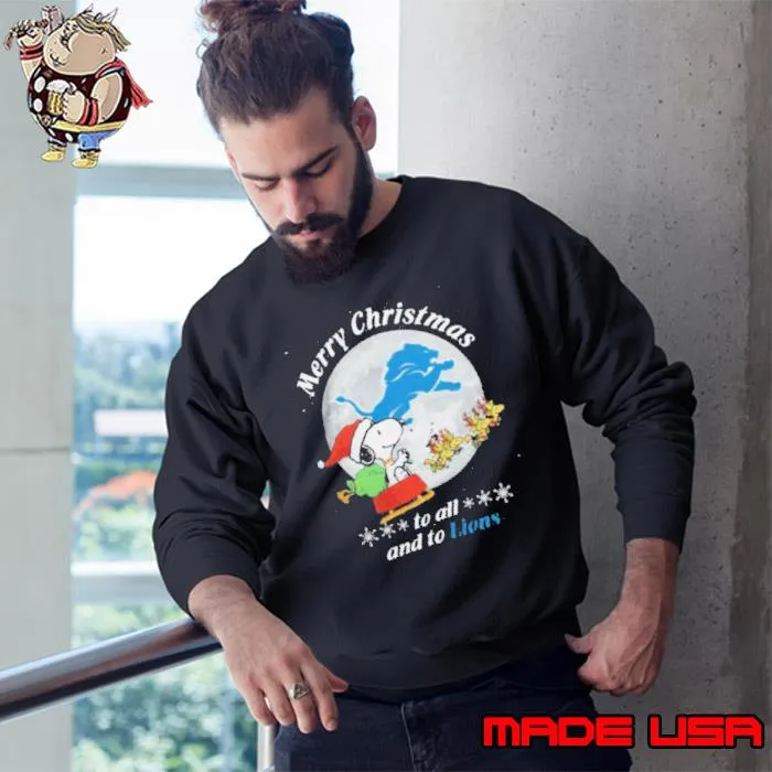 Santa Snoopy And Reindeer Woodstock Merry Christmas To All And To Detroit Lions Shirt Sweatshirt