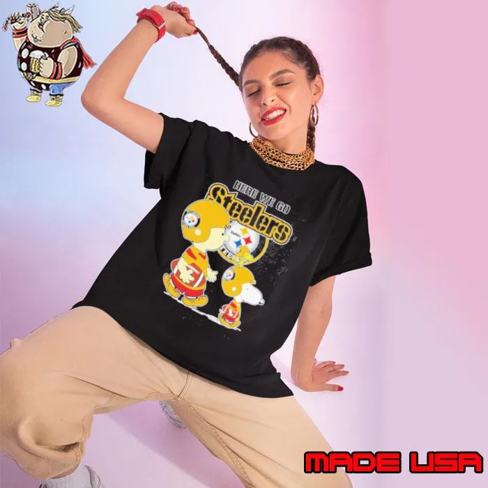 Charlie Brown Snoopy And Woodstock Road NFL Pittsburgh Steelers Here We Go Steelers 2023 Shirt Ladies tee