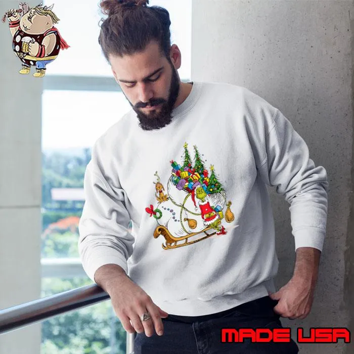 Dr. Seuss Grinch with Sleigh Lights Xmas Tree Merry Christmas T-Shirt Sweatshirt