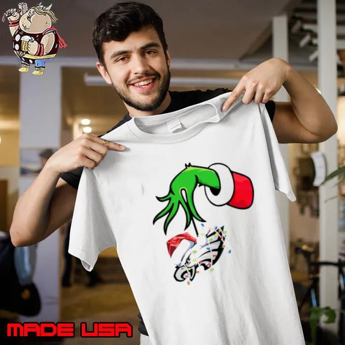 Grinch hand philadelphia eagles Christmas lights shirt