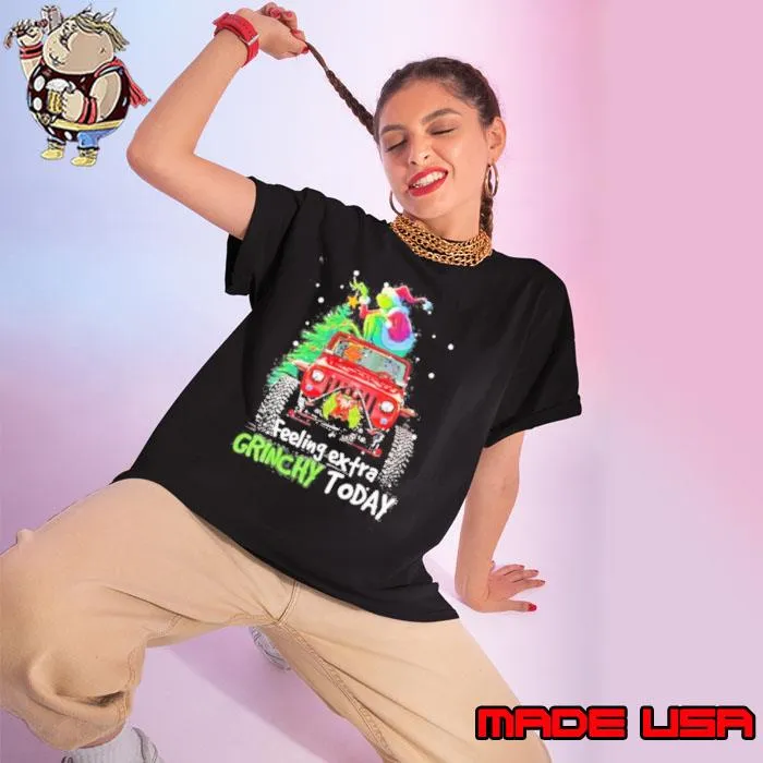 Grinch Hat Santa And Dog Feeling Extra Grinchy Today Car Jeep Merry Christmas Shirt