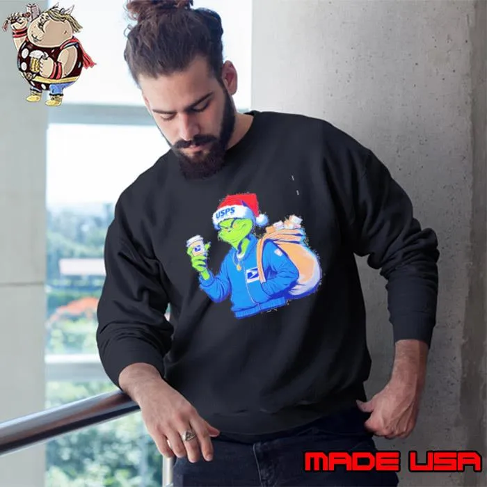 Grinch Hat Santa Hug United States Postal Service Merry Christmas Shirt Sweatshirt