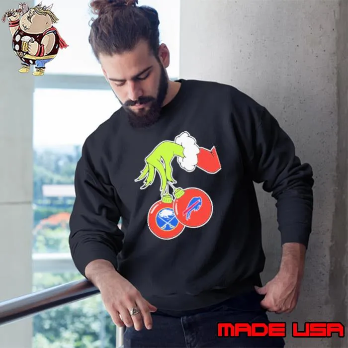 Grinch Santa Hand Hold Buffalo Bills And Buffalo Sabres Shirt Sweatshirt