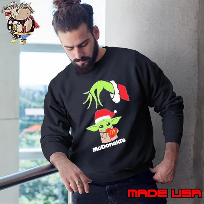 Grinch Santa Hug Baby Yoda Hug Heart McDonalds Logo Merry Christmas Shirt Sweatshirt