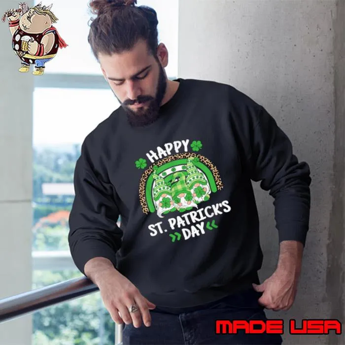 Happy St Patricks Day Leopard Rainbow Irish Gnomes Shamrock T-Shirt Sweatshirt