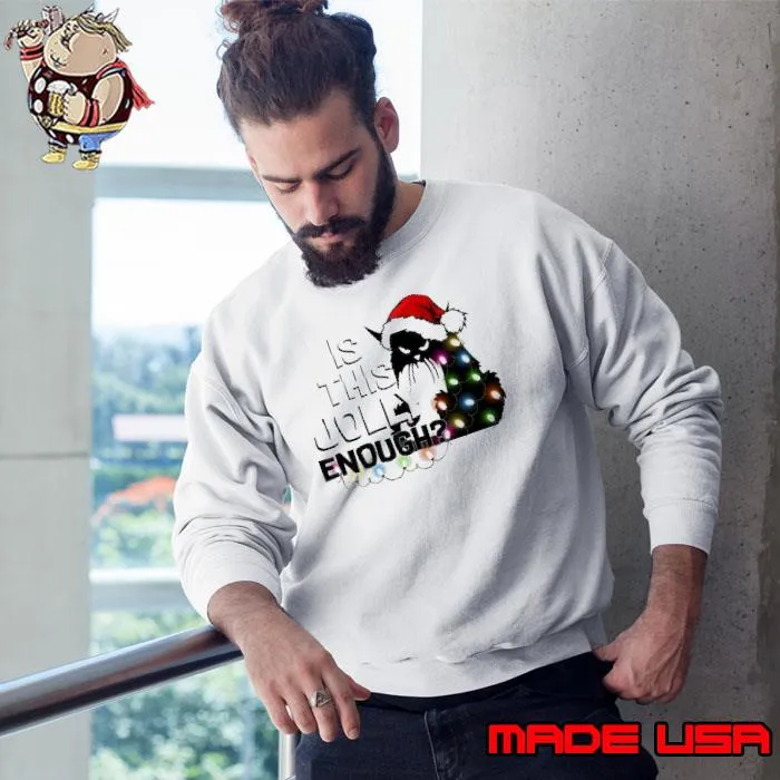Is this jolly enough black cat wear santa hat lights xmas s Sweatshirt