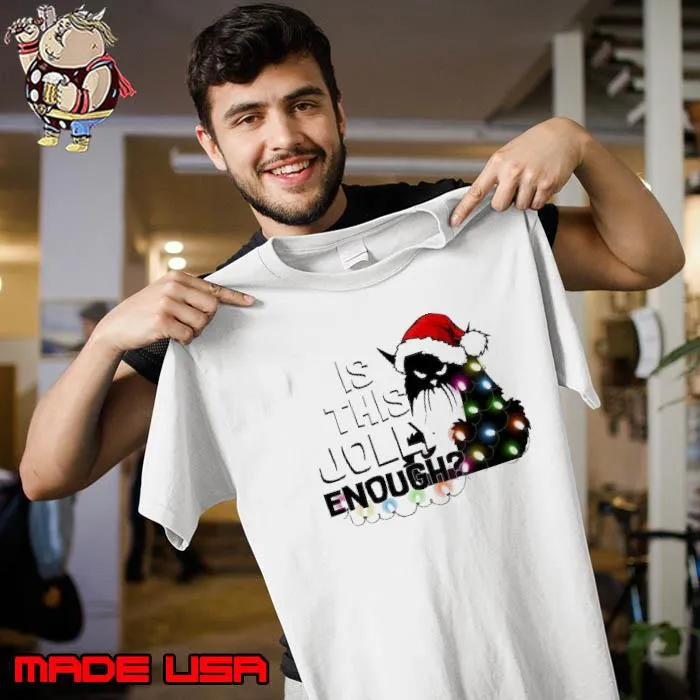 Is this jolly enough black cat wear santa hat lights xmas s Unisex