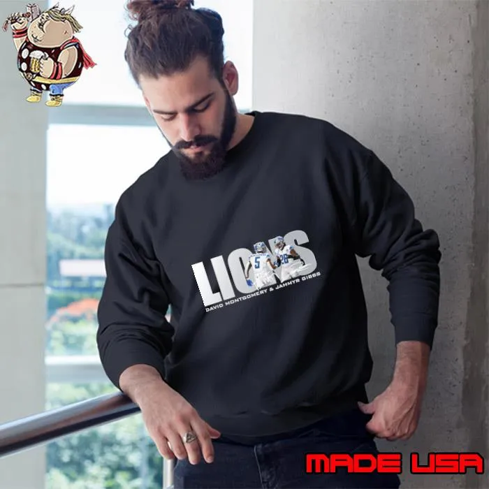 David Montgomery & Janmyr Gibbs Lions Signature Football T-Shirt Sweatshirt