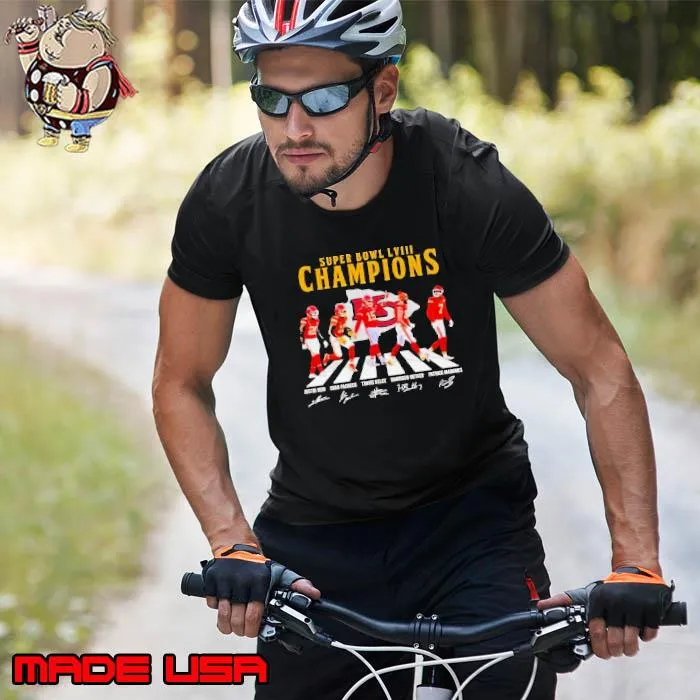 Top kC Chiefs Super Bowl LVIII Champions Reid Pacheco Kelce Butker and Mahomes abbey road signatures s Unisex