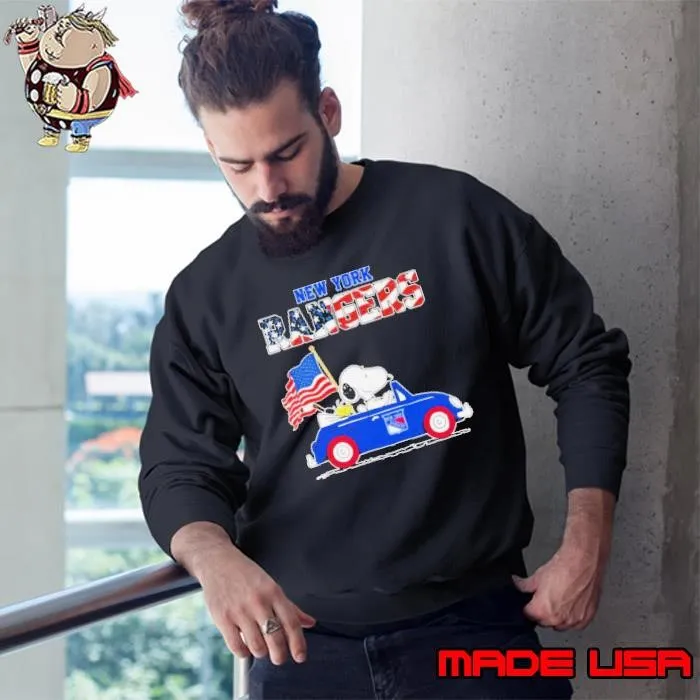 Peanuts Snoopy And Woodstock On Car New York Rangers Independence Day Sweatshirt