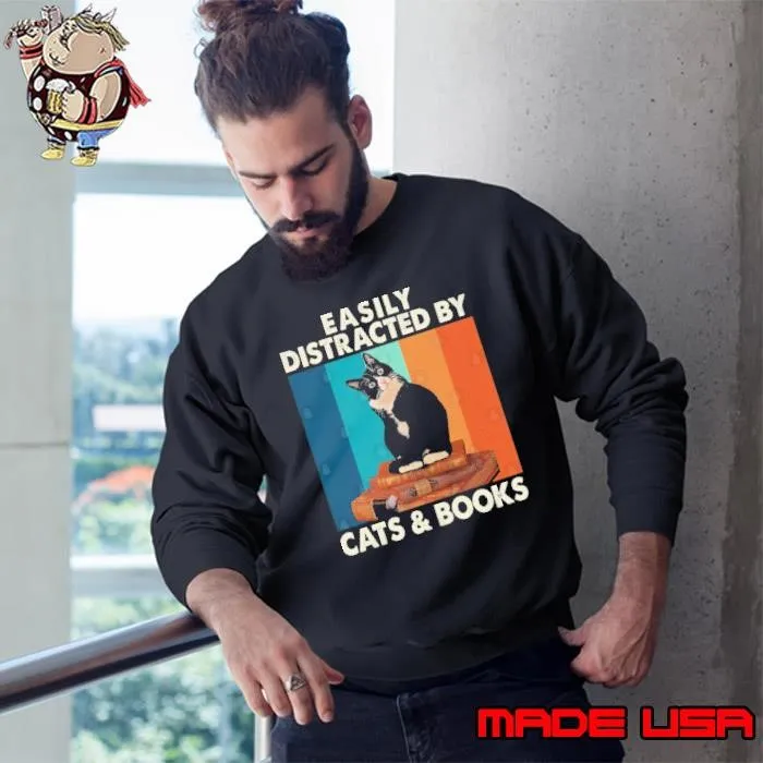 Easily Distracted By Cats And Books Retro Sweatshirt