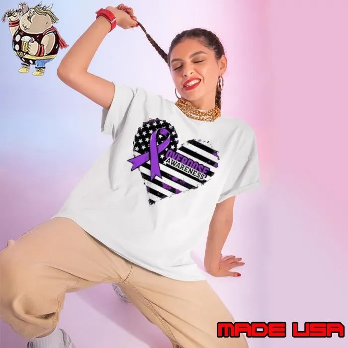 Overdose Awareness Purple Ribbon Heart American Flag Ladies tee