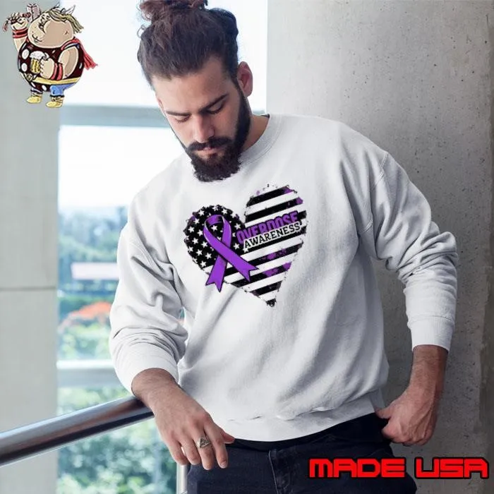 Overdose Awareness Purple Ribbon Heart American Flag Sweatshirt