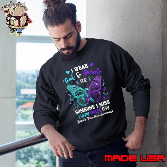 I Wear Teal & Purple Suicide Prevention Awareness Butterfly Sweatshirt