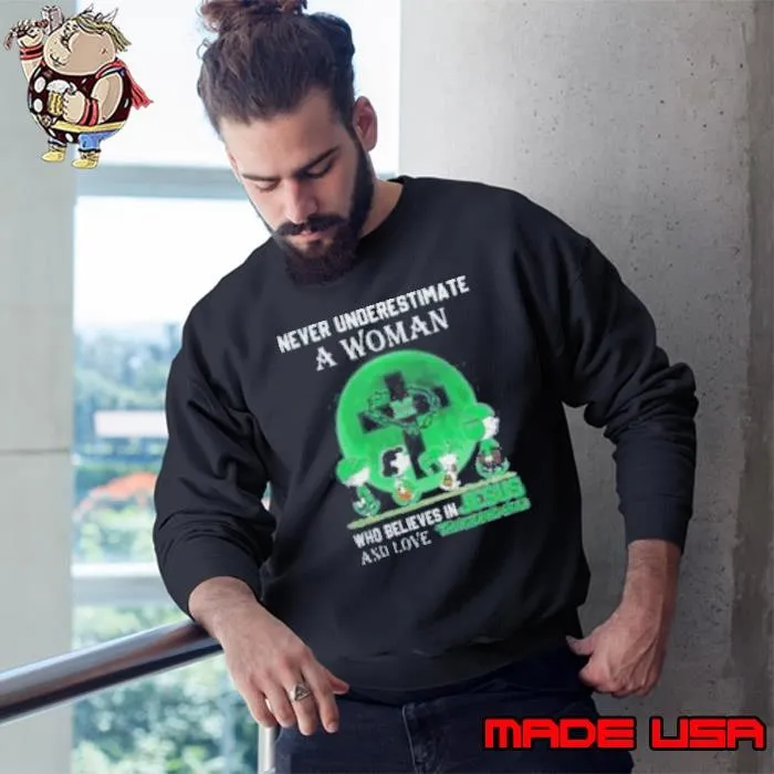 Peanuts Characters Never Underestimate A Woman Who Believes In Jesus And Loves Marshall Thundering Herd Sweatshirt