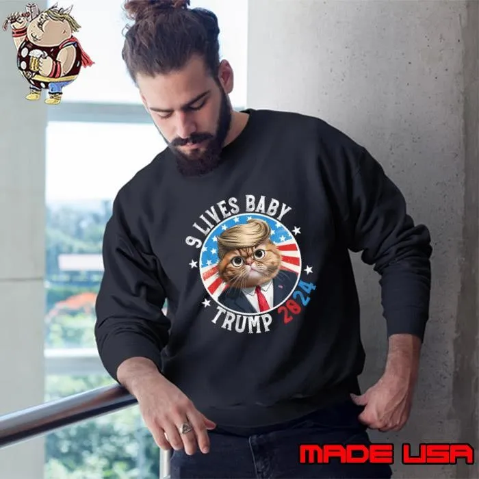 Trump Nine Lives Baby Trump 2024 American Flag Election Cat in Suite Trump 9 Lives Baby Sweatshirt