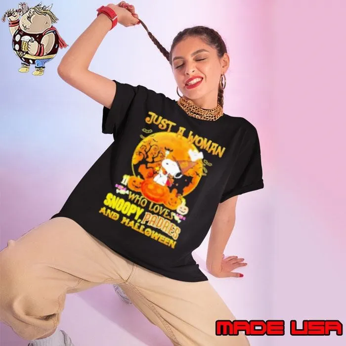 Just a woman who loves Snoopy San Diego Padres and Halloween 2024 Shirt