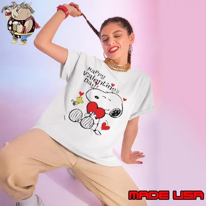 Snoopy Hug Heart And Woodstock Happy Valentines Day Ladies tee