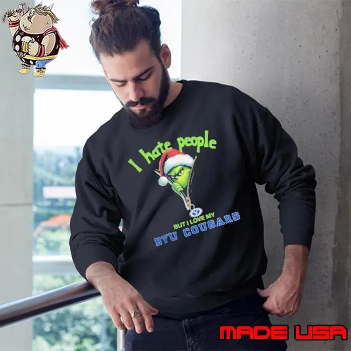 Grinch Santa Hat I Hate People But I Love My BYU Cougars Christmas Logo Sweatshirt