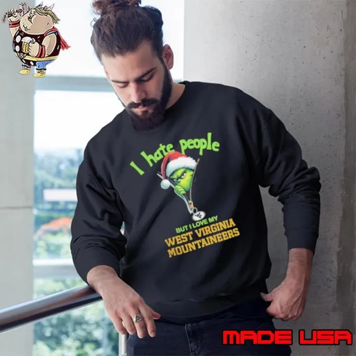 Grinch Santa Hat I Hate People But I Love My West Virginia Mountaineers Christmas Logo Shirt