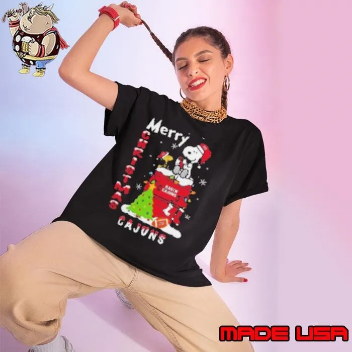 Louisiana Ragin' Cajuns Snoopy And Woodstock Merry Christmas Ladies tee