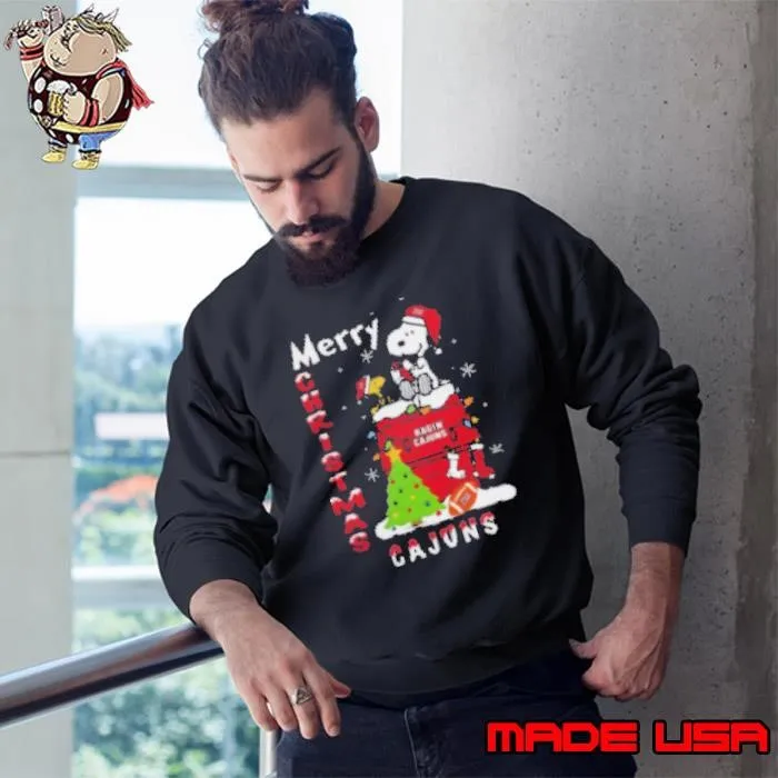 Louisiana Ragin' Cajuns Snoopy And Woodstock Merry Christmas Sweatshirt