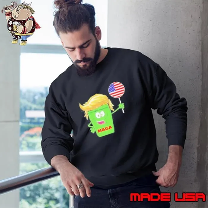 Nice Trump MAGA Cartoon Garbage Can American Flag Sweatshirt