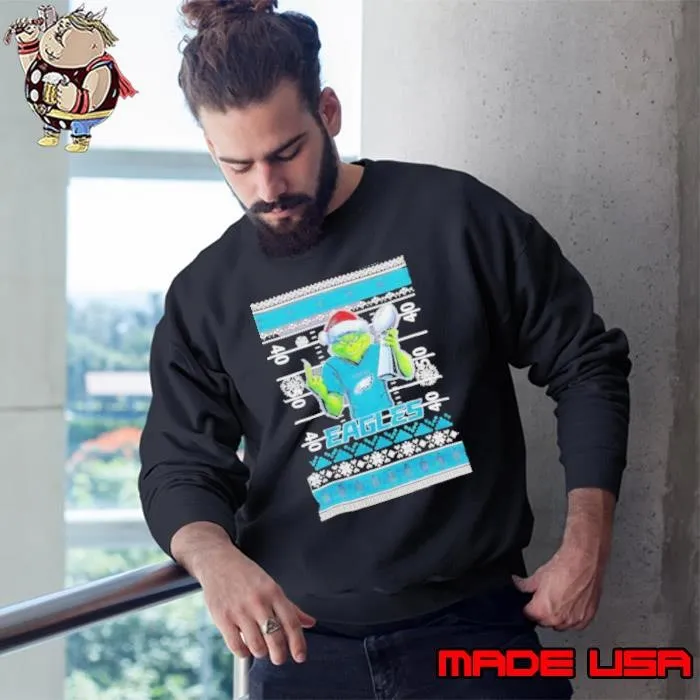 Philadelphia Eagles X Grinch Christmas with Super Bowl Trophy ugly Christmas Sweatshirt