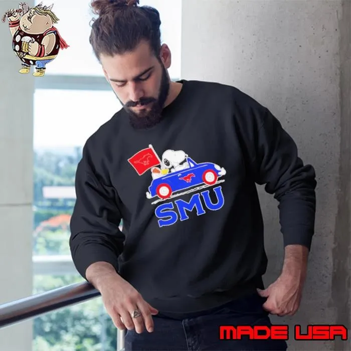 Snoopy and friend driving car let’s go SMU Mustangs shirt