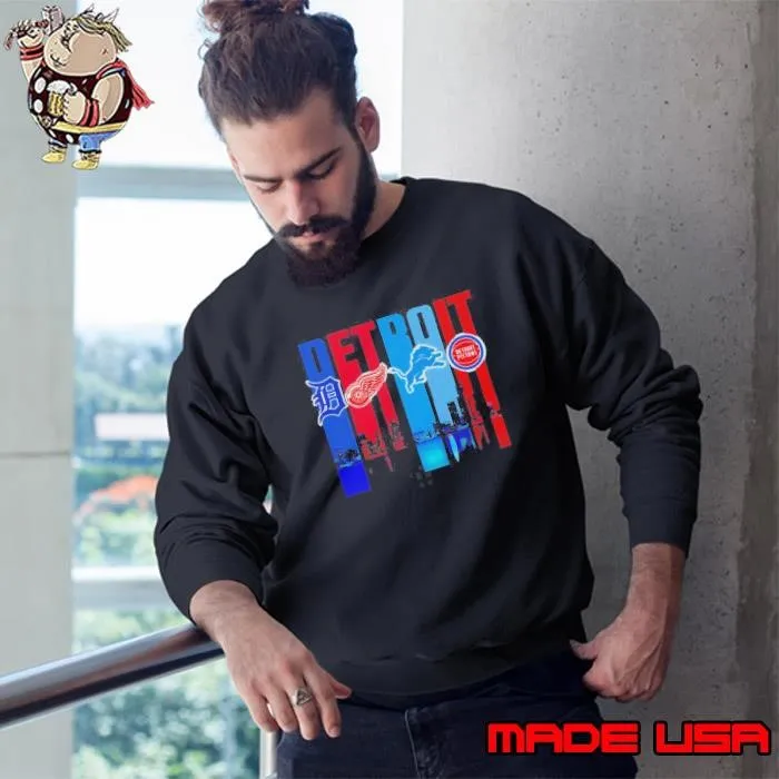Skyline Detroit Sports Tigers Red Wings Lions And Pistons Logo Sweatshirt
