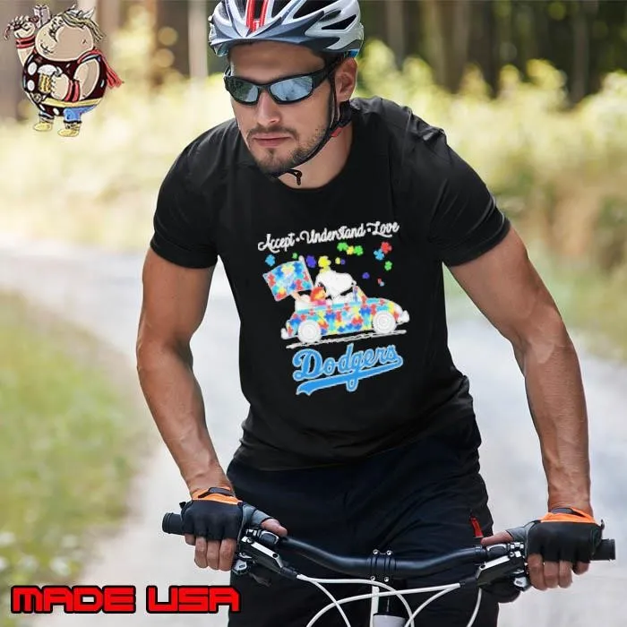 Snoopy Drive Car Los Angeles Dodgers Autism Accept Understand Love shirts Unisex