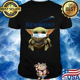 Baby Yoda mask hug Newmont shirt