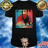 Catzilla Japanese Sunset Style Cat Kitten Vintage Retro Shirt