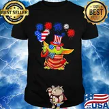 Star wars baby yoda holding balloon mickey mouse firework american flag independence day shirt