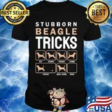 Stubborn beagle tricks sit down share come fetch roll over stay shirt