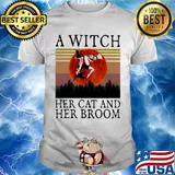 A witch her cat and her broom vintage retro shirt