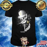 Skeleton holding guinness beer logo shirt