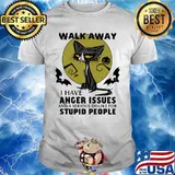 Black cat walk away i have anger issues and a serious dislike for stupid people halloween shirt